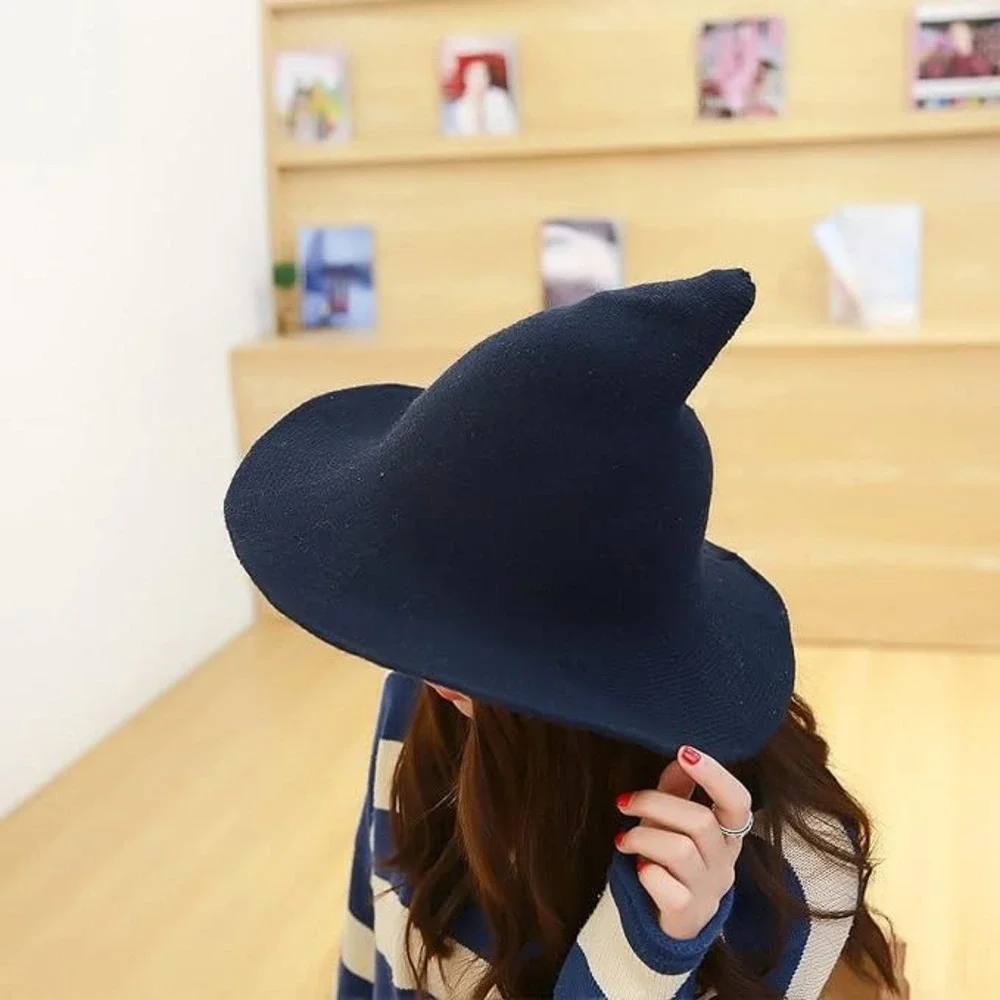 Knit Witch Wizard Hat Wired Brim Foldable‎ Grey Costume Halloween Cosplay